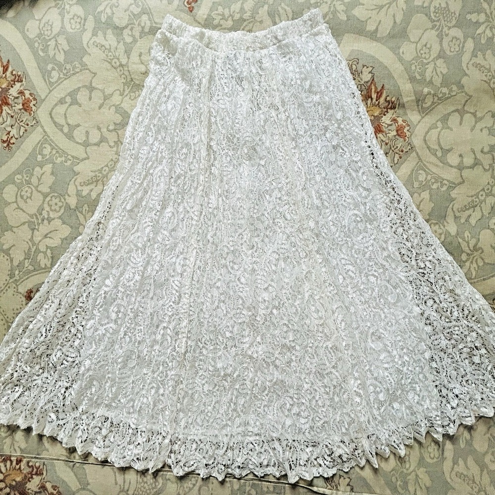 Vintage Ivory Lace Skirt XS Amy Byer Elastic Waist A-line Midi Waist 22"